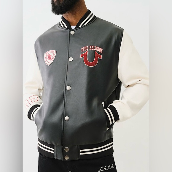 True Religion Faux Leather Patch Varsity Jacket- Size M